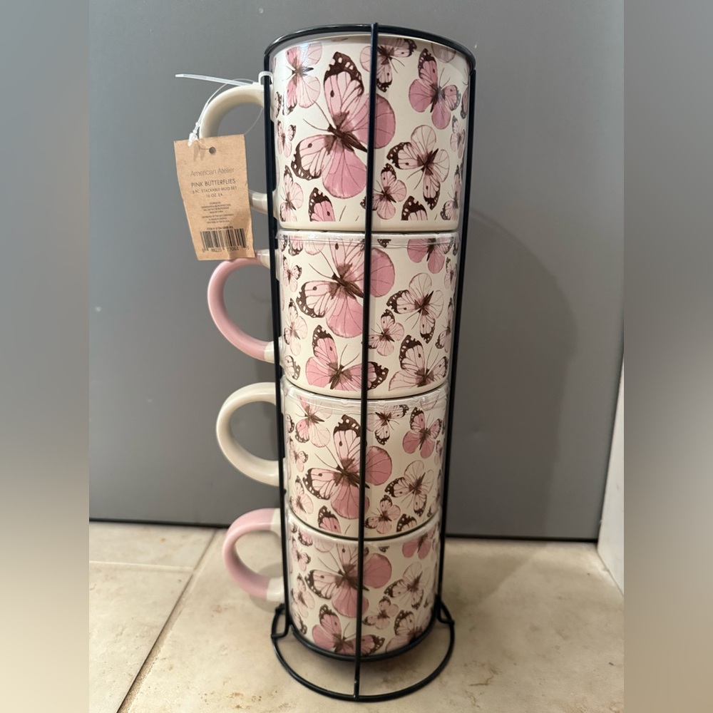 American Atelier Pink Butterflies 4 Mug Set
